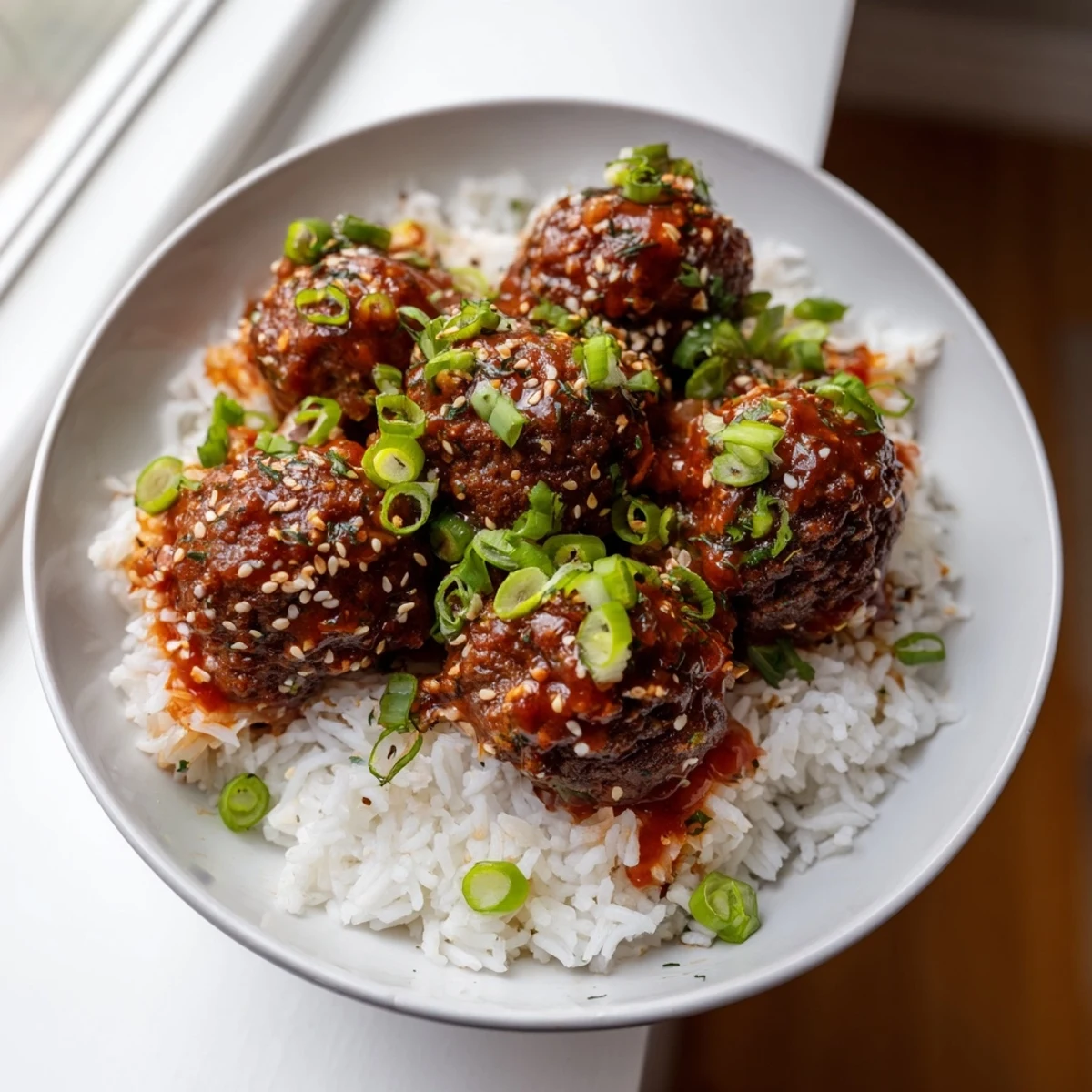 These saucy Spicy Sriracha Beef Meatballs, with rice and scallions, promise a taste-bud-tingling meal.