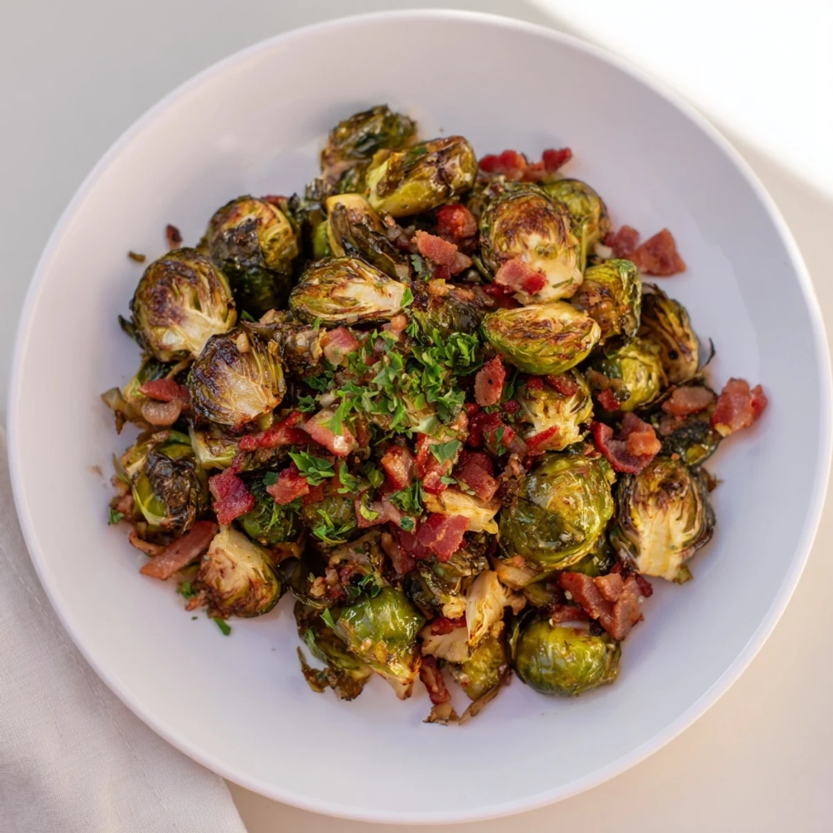 Crispy, golden-brown roasted Brussels sprouts with savory turkey bacon, ready to eat!