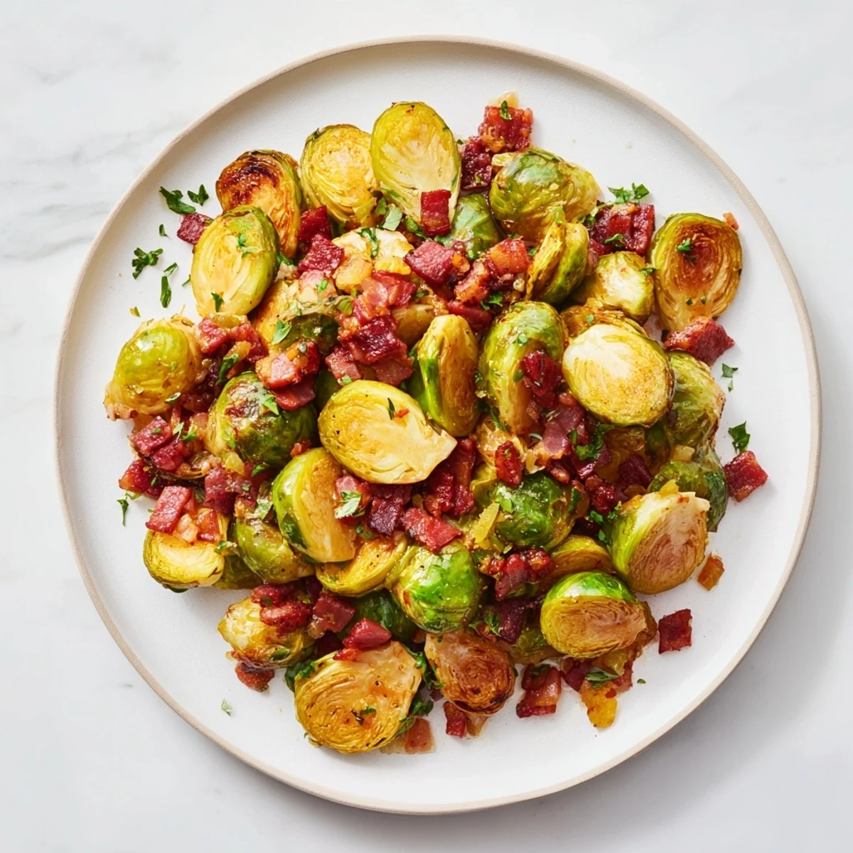 Close-up of roasted Brussels sprouts and bacon, seasoned with garlic, perfect side.