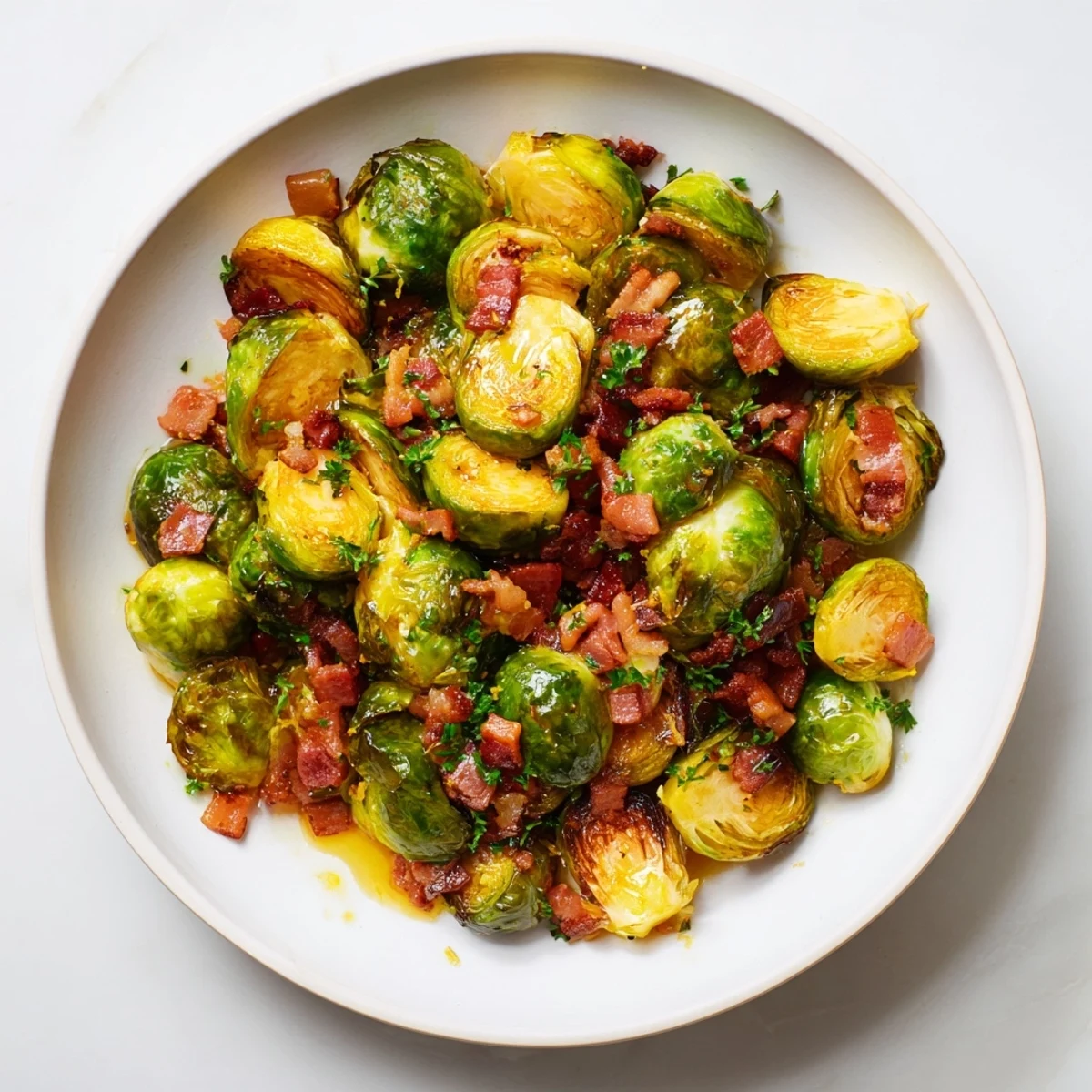 A bowl of delicious Roasted Brussels Sprouts with Turkey Bacon, a flavorful, easy side dish.