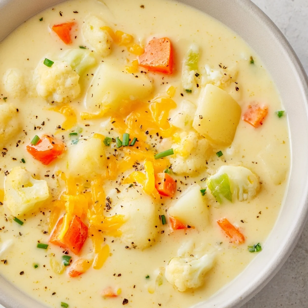 Creamy Cauliflower Chowder with Cheddar: a steaming bowl featuring melted cheese and a swirl of cream.