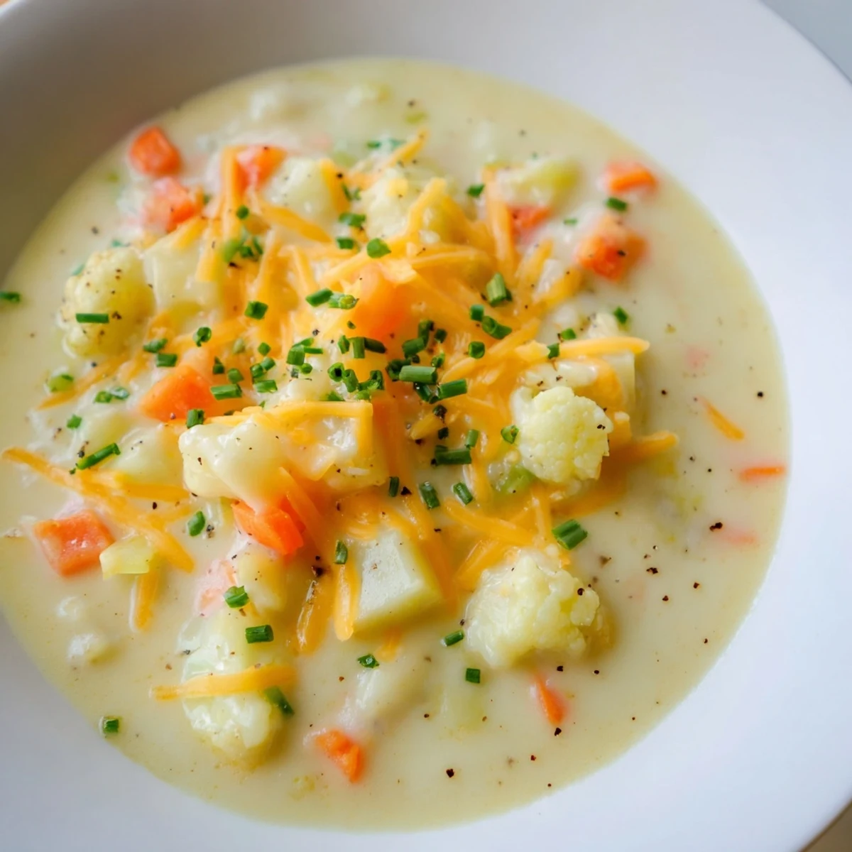 Enjoy a hearty spoonful of this Creamy Cauliflower Chowder with Cheddar, sprinkled with fresh chives.