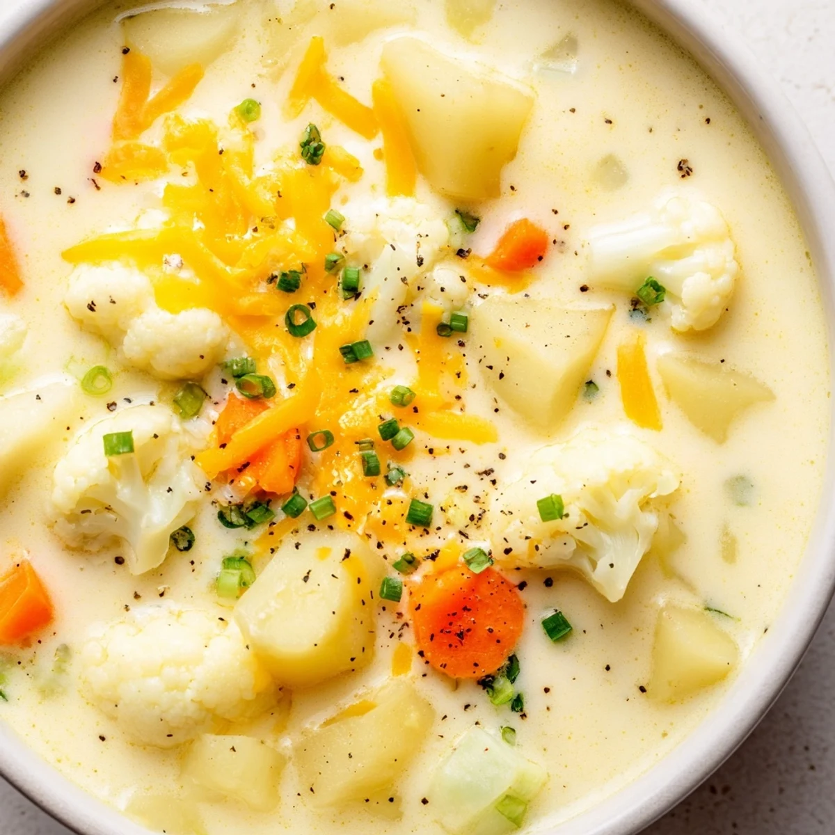 Rich, golden Creamy Cauliflower Chowder with Cheddar served in a cozy bowl, ready for a delicious meal.