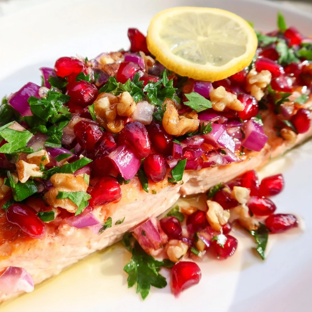 Baked Salmon with Pomegranate Walnut Salsa glistening under warm oven light, topped with ruby-red pomegranate seeds.