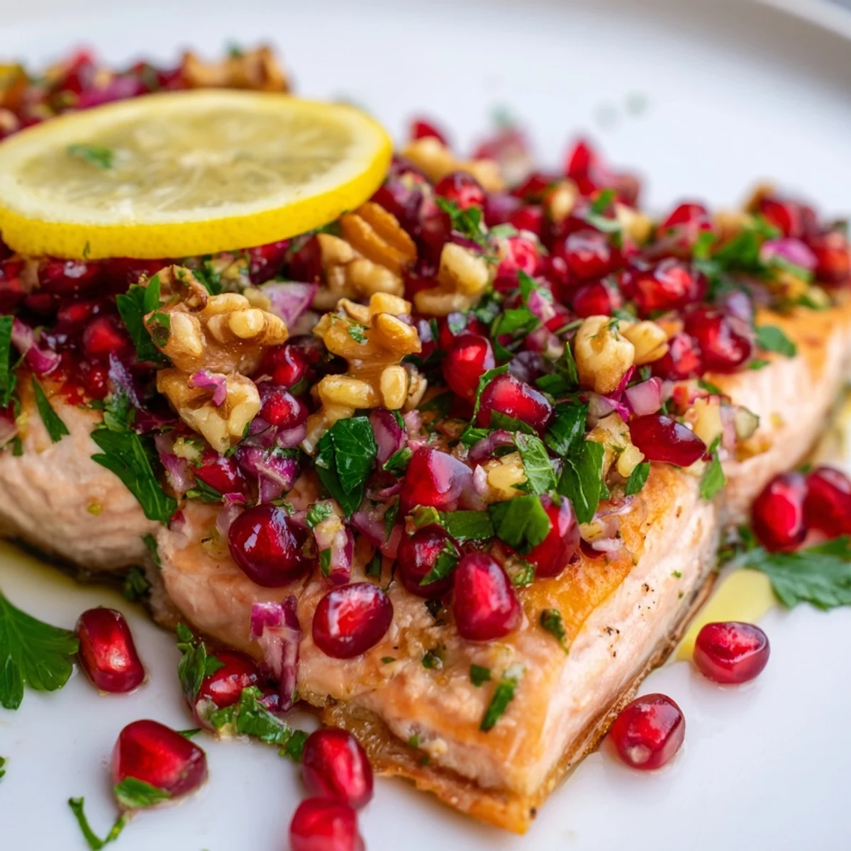 Flaky, tender Baked Salmon with Pomegranate Walnut Salsa, a Mediterranean delight ready for your fork's enjoyment.