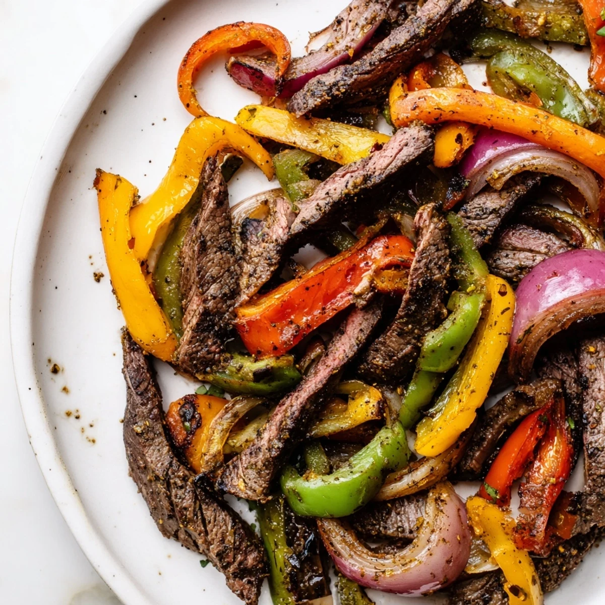 A close-up of sheet pan steak fajitas, showcasing tender steak, delicious, roasted peppers and onions.