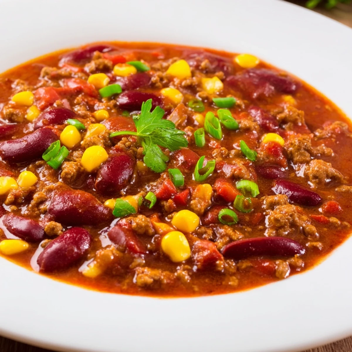 Close-up of savory Turkey Chili; notice the vibrant red tomatoes and sweet kernels of corn.