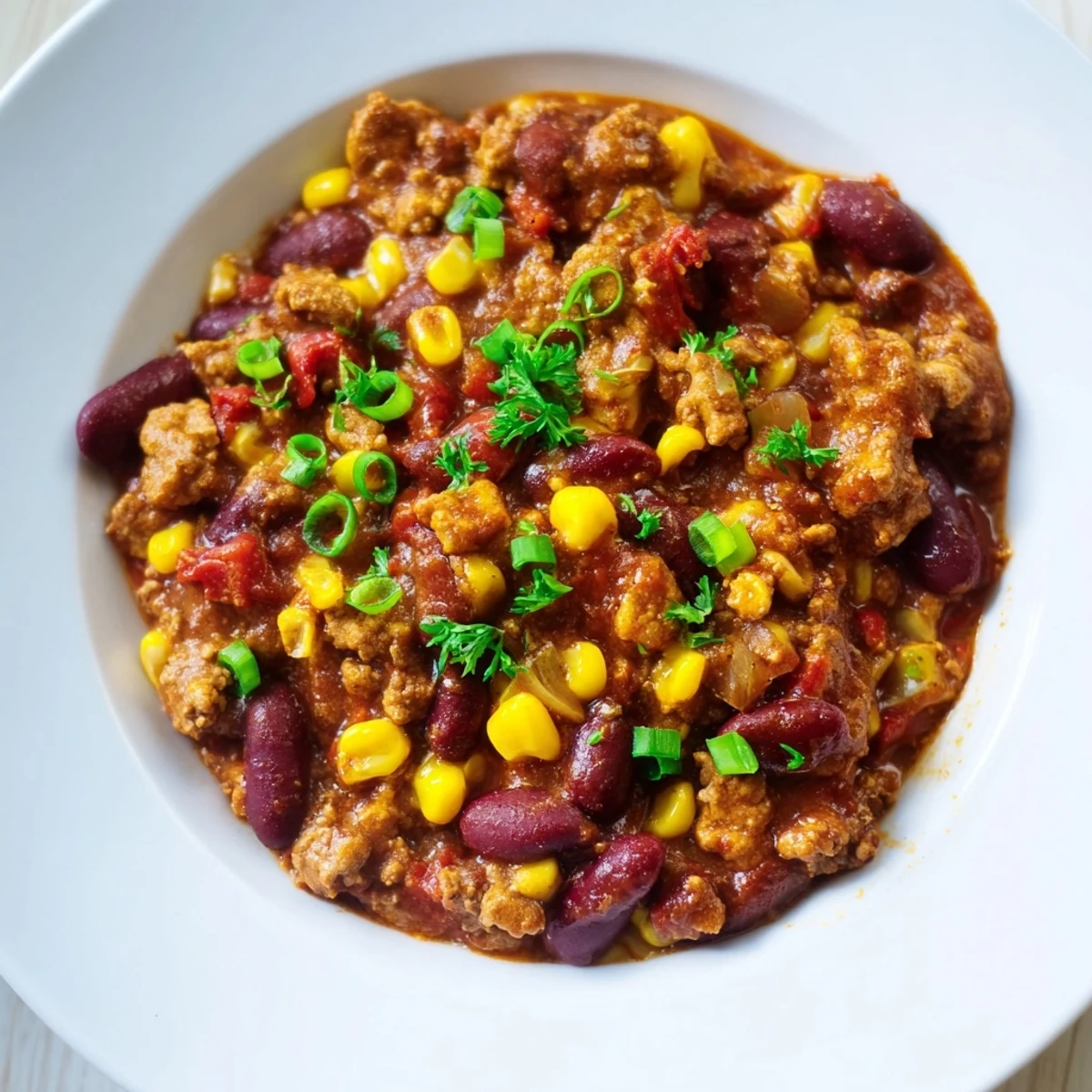 A steamy bowl of Turkey Chili, brimming with kidney beans and topped with fresh cilantro.