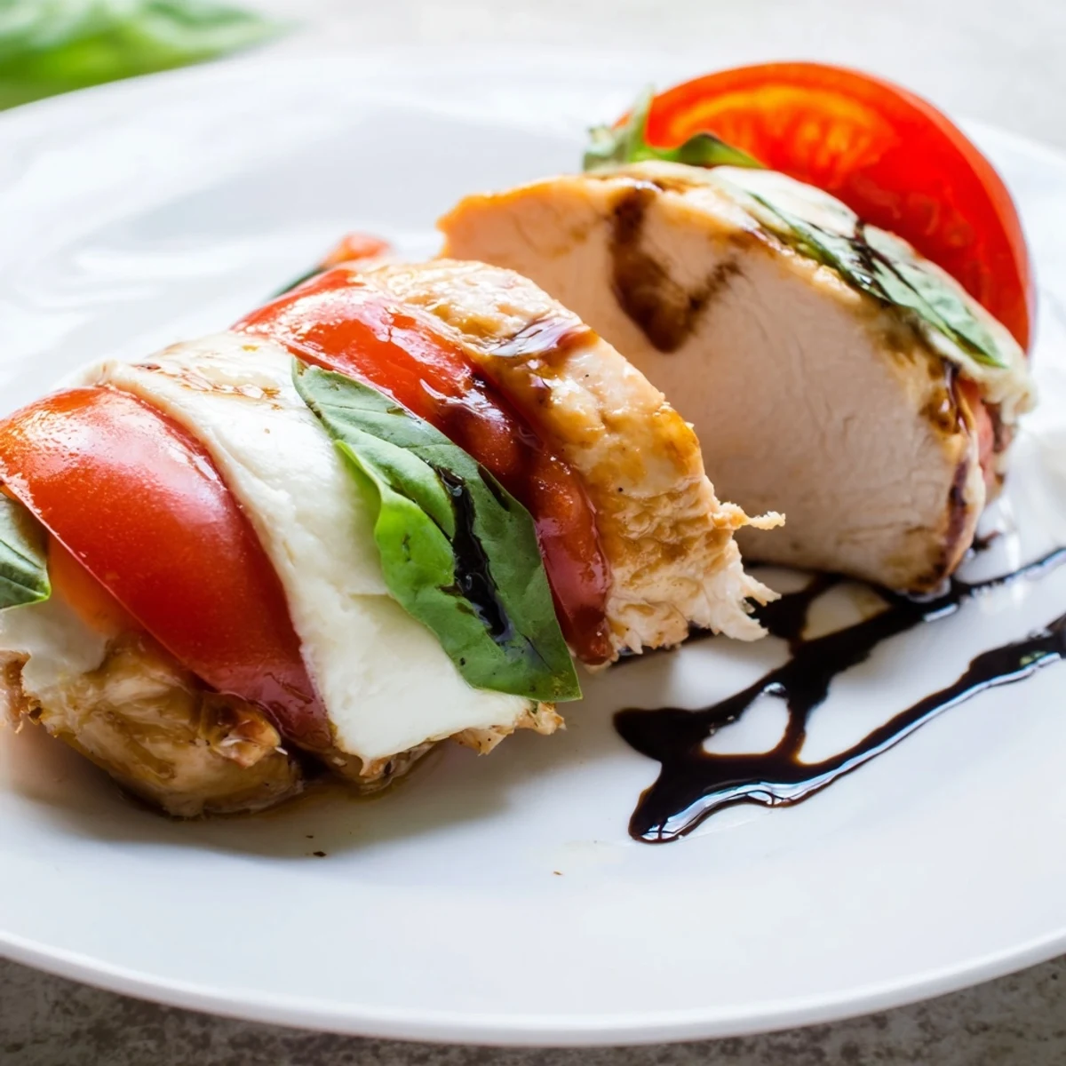 Baked Caprese Stuffed Chicken Breast with vibrant basil, drizzled with sweet balsamic glaze for dinner.