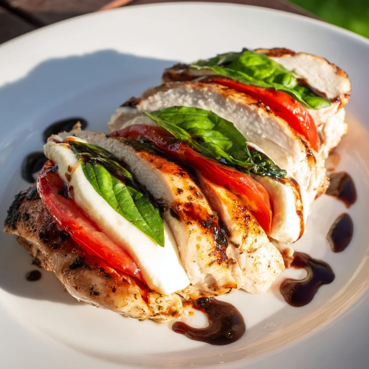Indulge in a homemade Caprese Stuffed Chicken Breast, beautifully plated with basil, balsamic, and tomatoes.