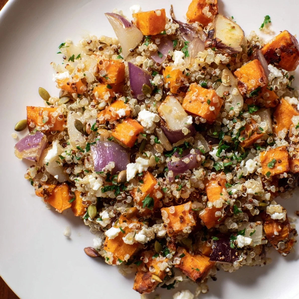 Fluffy quinoa salad mixed with roasted root vegetables, drizzled with bright lemon vinaigrette.