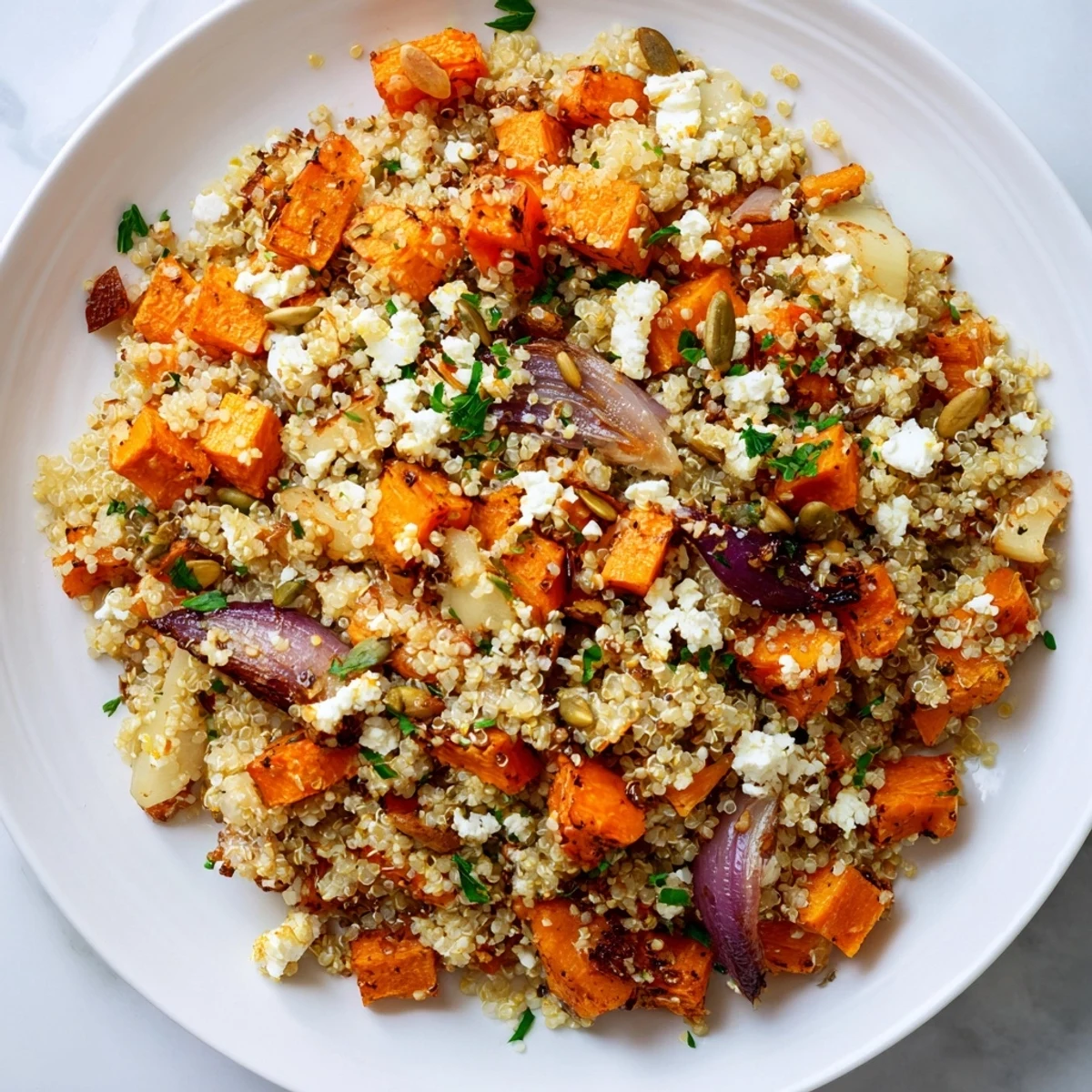 A beautiful bowl of warm quinoa salad with colorful, caramelized root vegetables in a dressing.