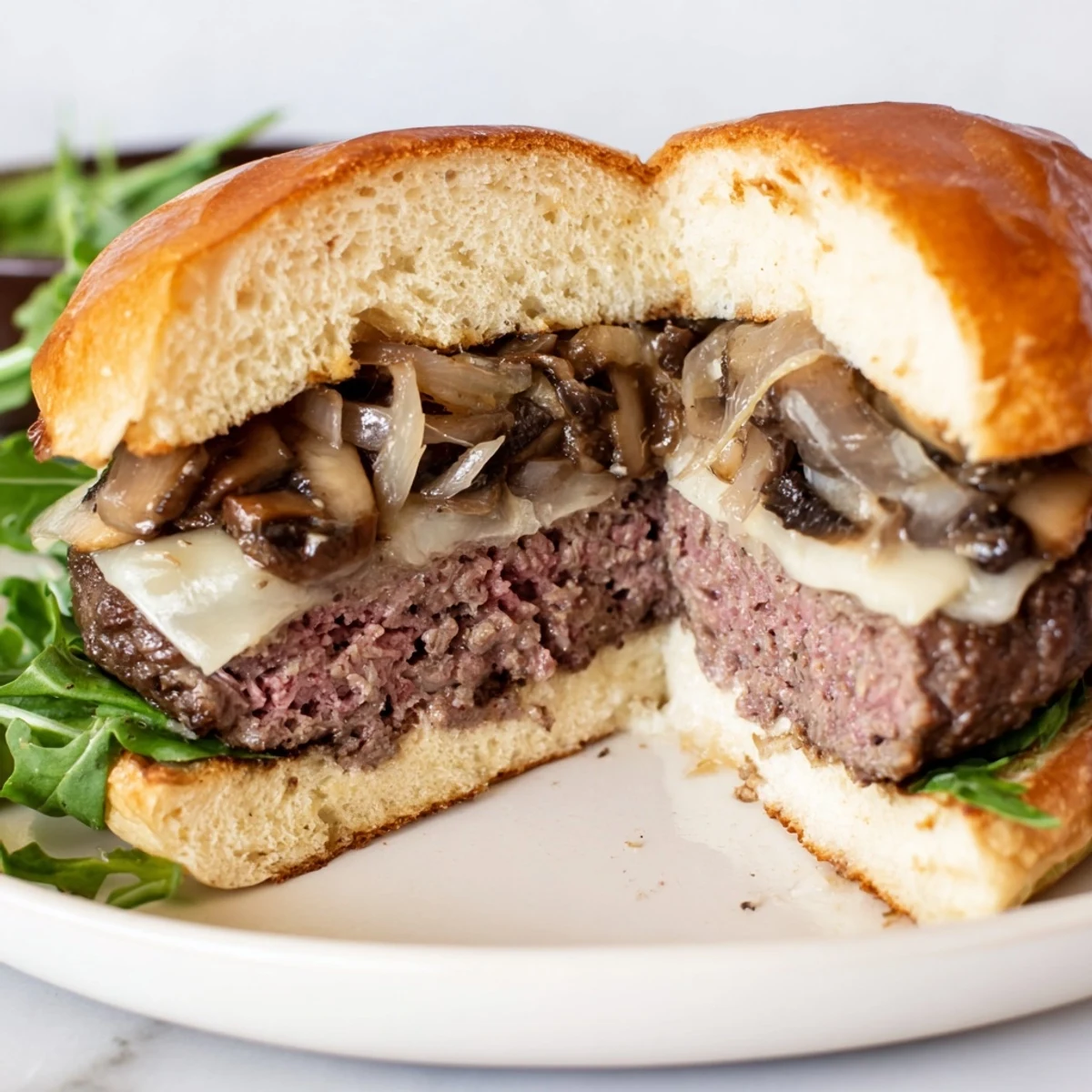 Mushroom and Swiss Burger with caramelized onions on a toasted bun with melted Swiss cheese.