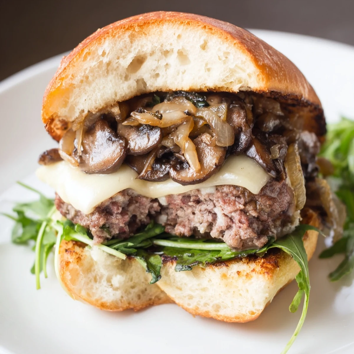 A close-up of a gourmet Mushroom and Swiss Burger topped with sautéed mushrooms and sweet caramelized onions.
