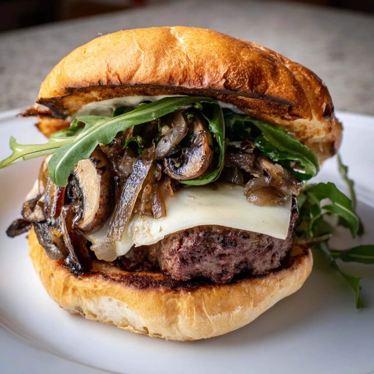 Juicy Mushroom and Swiss Burger served on a toasted bun with fresh arugula and melted cheese.