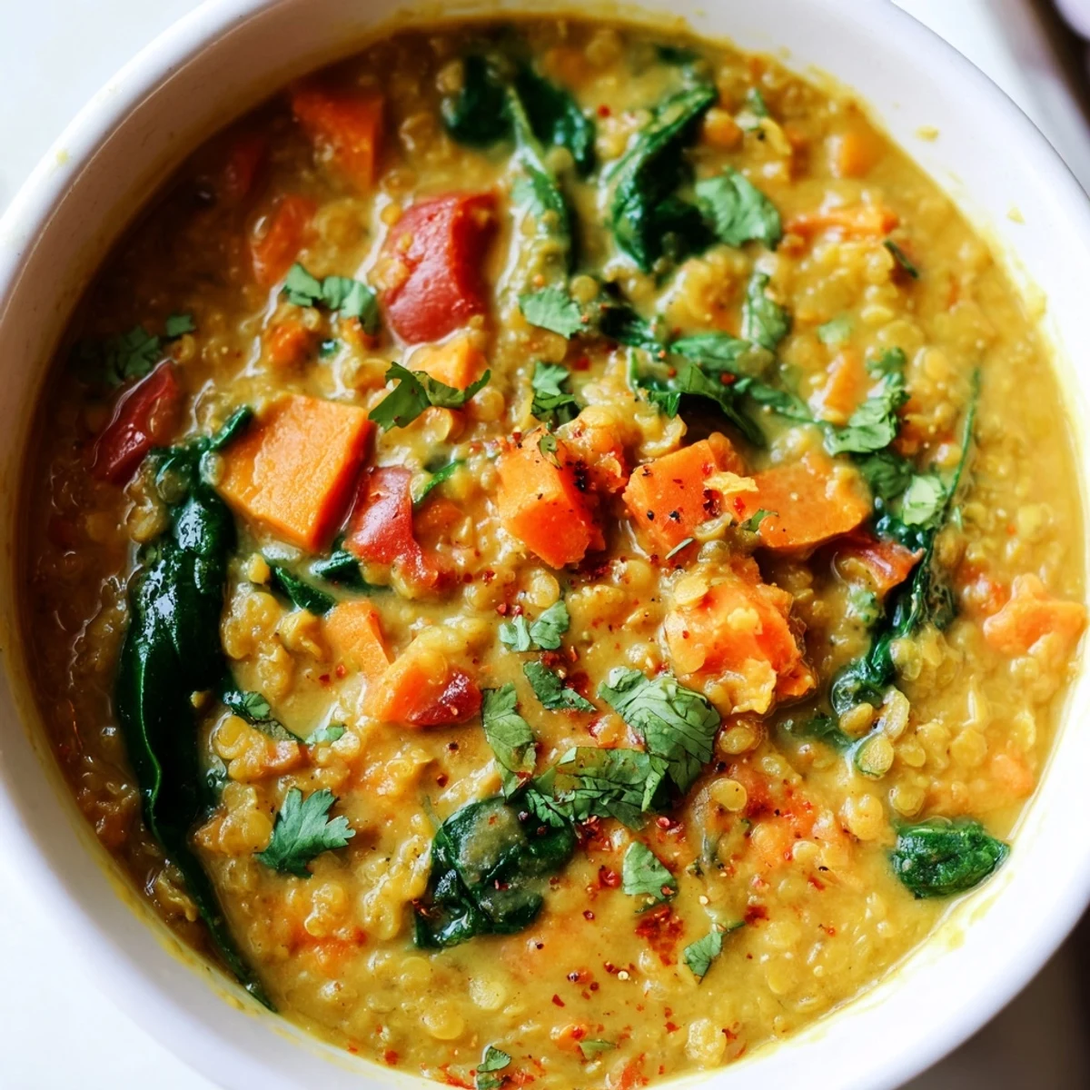 Fragrant Coconut Curry Lentil Soup simmering in a pot, featuring creamy coconut milk and tender red lentils for a cozy vegan dinner.