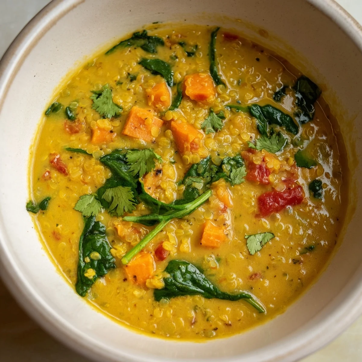 A vibrant bowl of Coconut Curry Lentil Soup, topped with fresh cilantro and a lime wedge, served alongside warm naan bread for dipping.