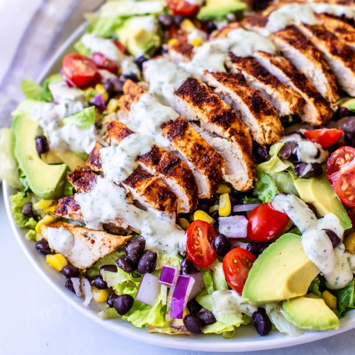 Freshly grilled chicken rests atop a vibrant Southwest Chicken Salad, featuring crisp romaine, black beans, corn, and avocado, all drizzled with smoky chipotle lime dressing.