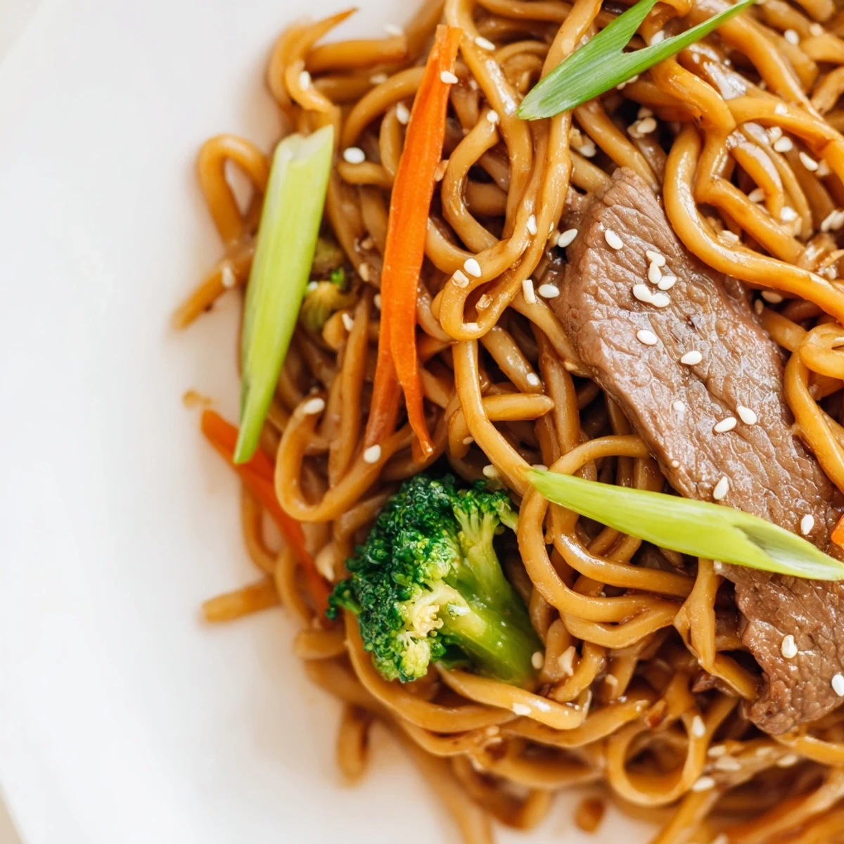 Golden lo mein noodles, tender beef slices, and bright green broccoli florets glistening with savory sesame oil sauce.