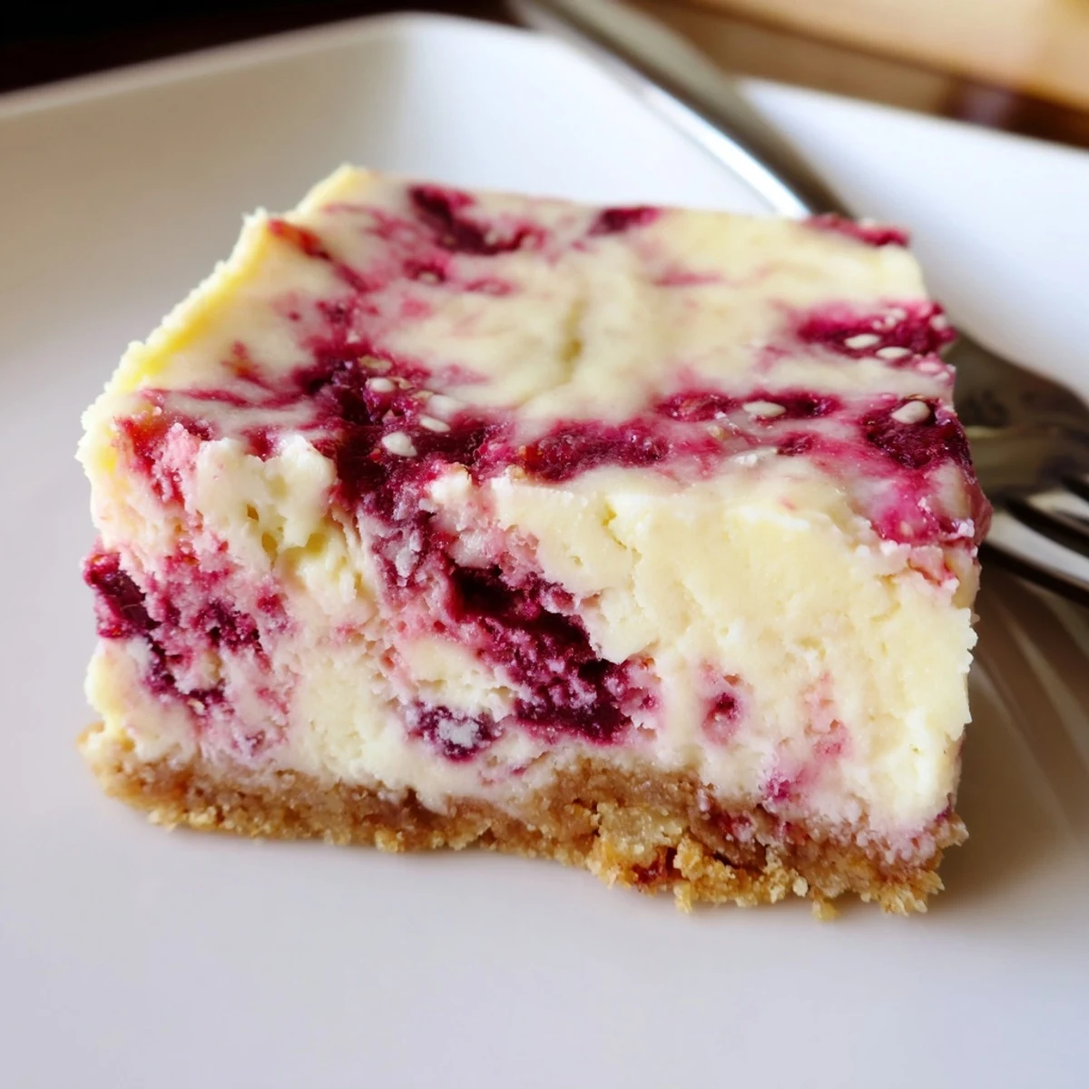 Fresh raspberry topped Raspberry White Chocolate Cheesecake Bars are presented on a wooden board, perfect for summer entertaining.