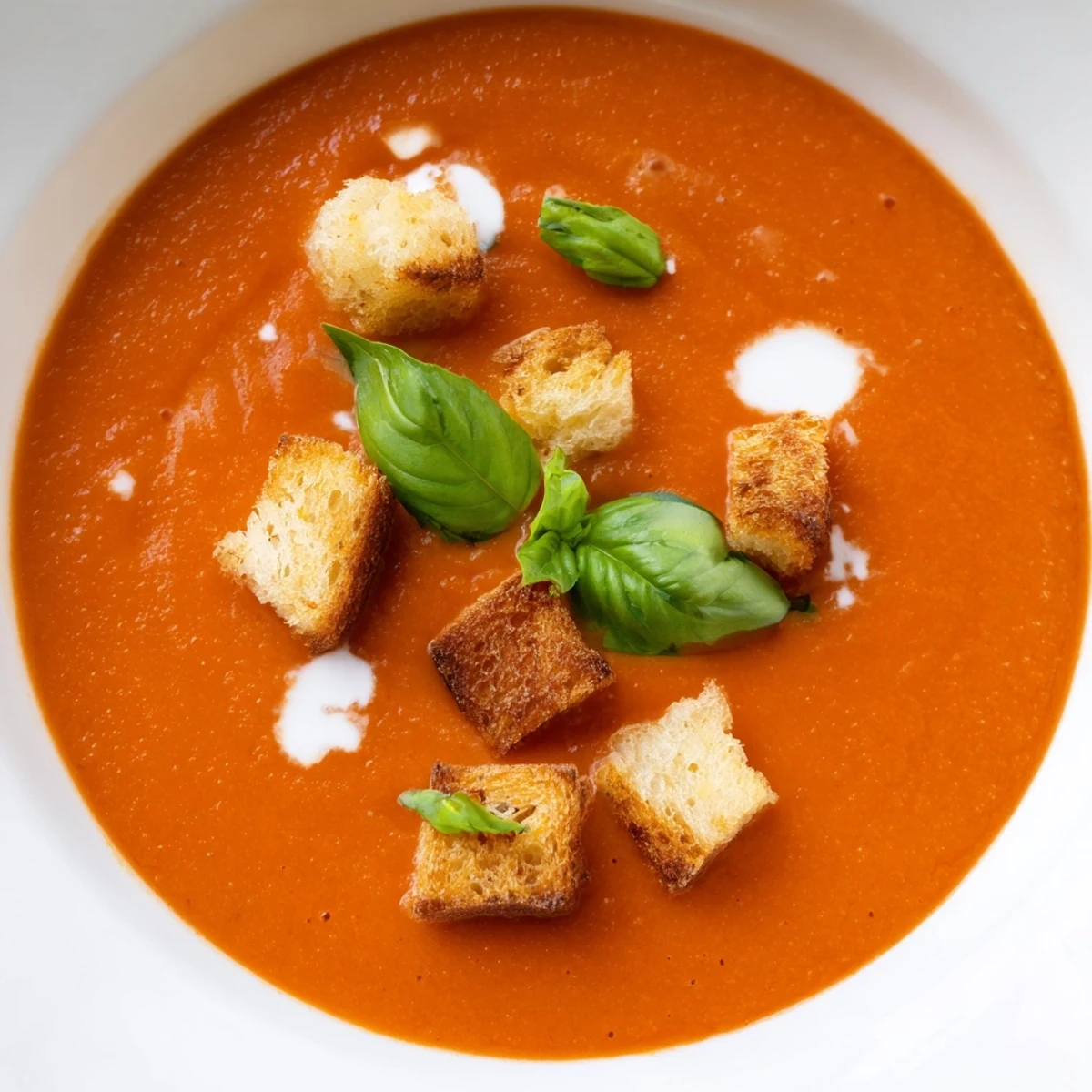 A warm bowl of Roasted Garlic and Tomato Basil Soup with Croutons, topped with golden, crunchy bread cubes and fresh basil leaves.
