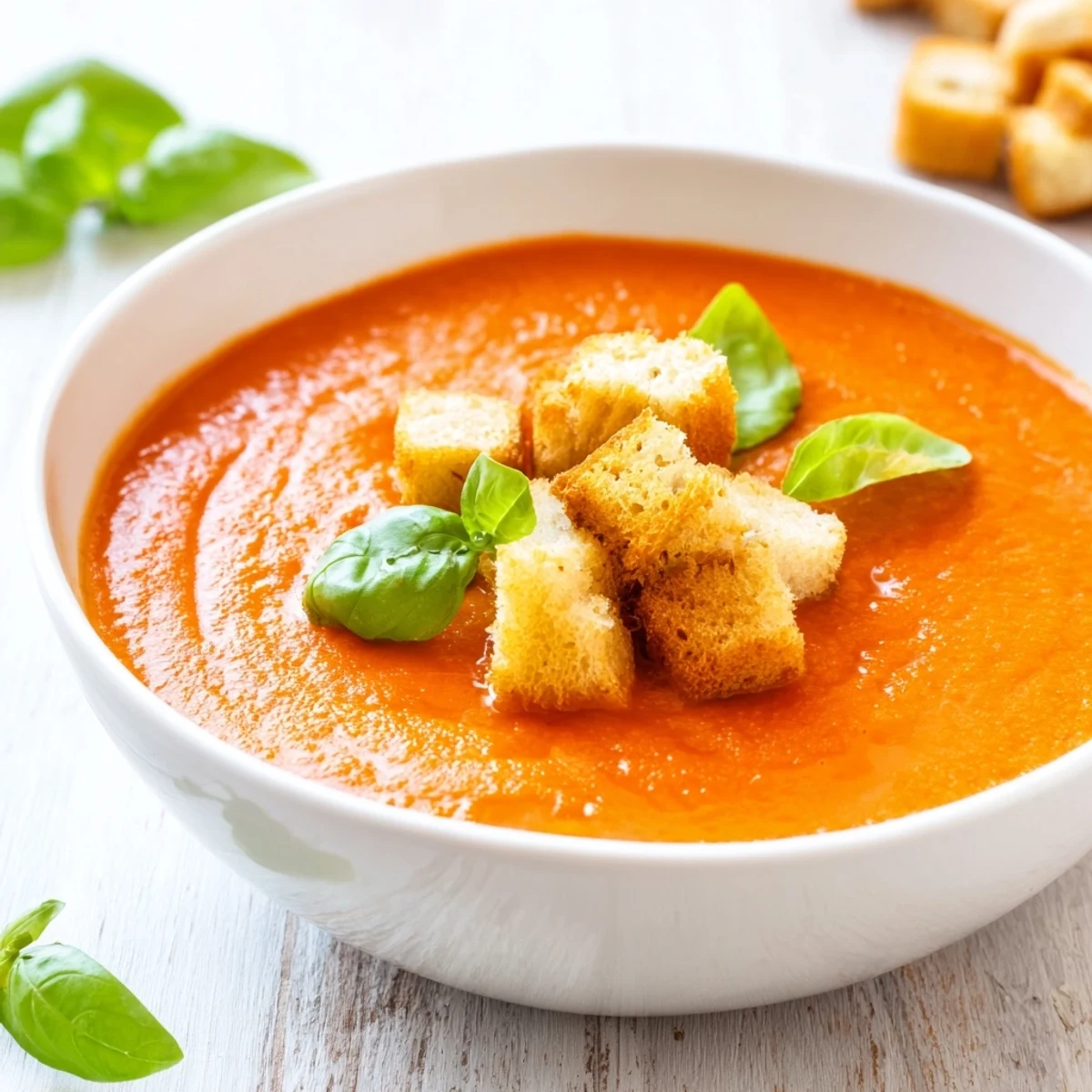 Close-up of Roasted Garlic and Tomato Basil Soup with Croutons, featuring rich red texture and crisp, herb-seasoned croutons floating on top.