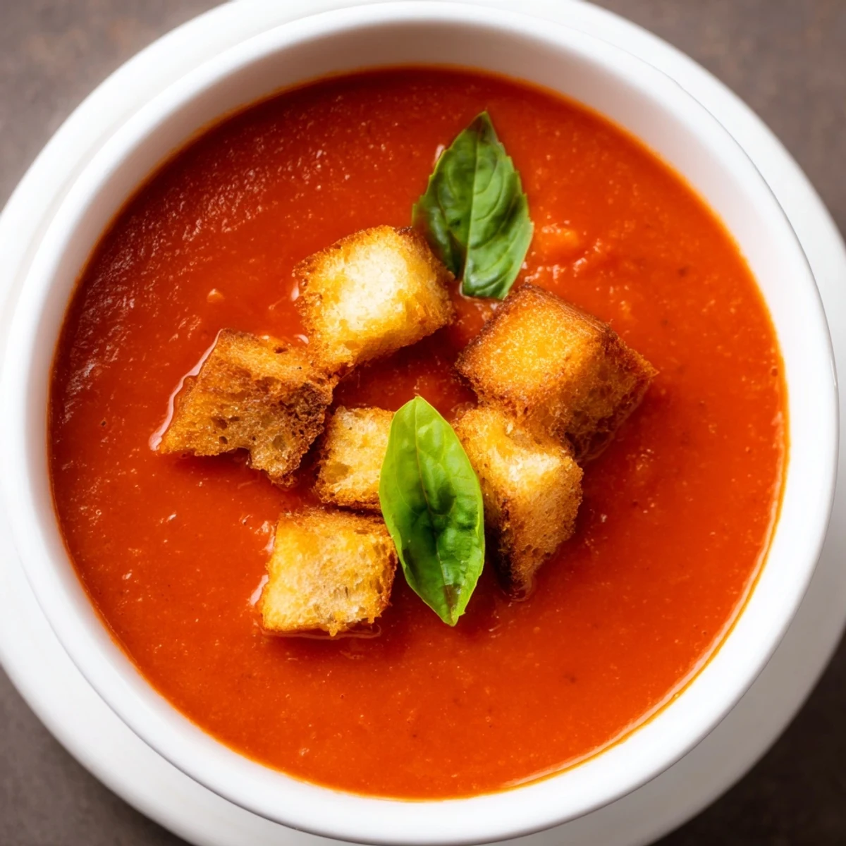Creamy Roasted Garlic and Tomato Basil Soup with Croutons served in a rustic bowl, garnished with a swirl of olive oil and herbs.