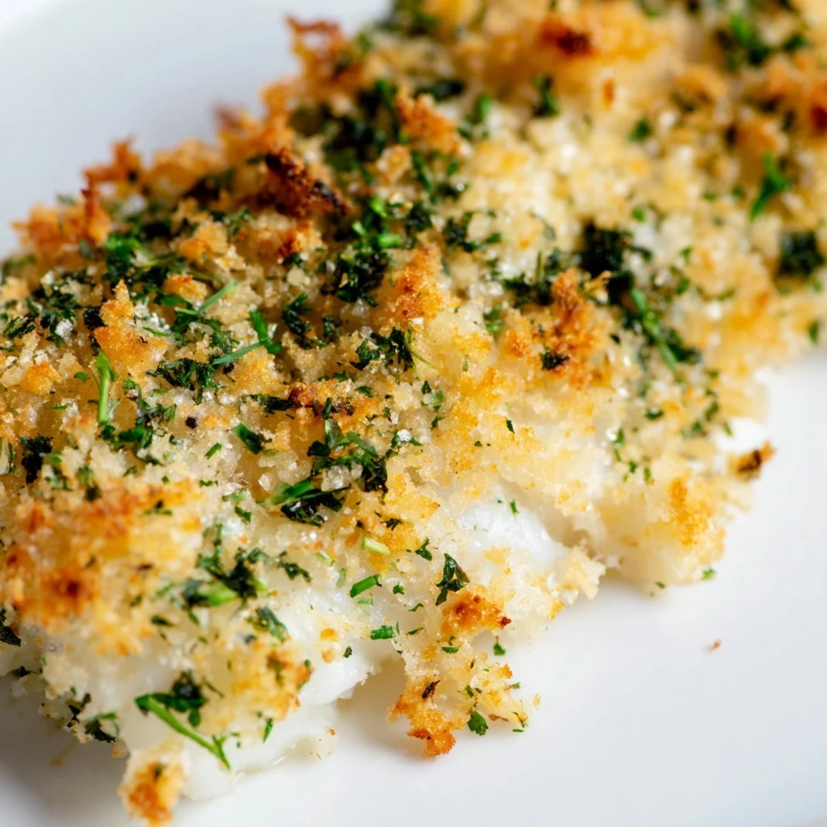 Crispy golden panko crusted baked cod fillets topped with fresh herbs, served with lemon wedges on a plate.