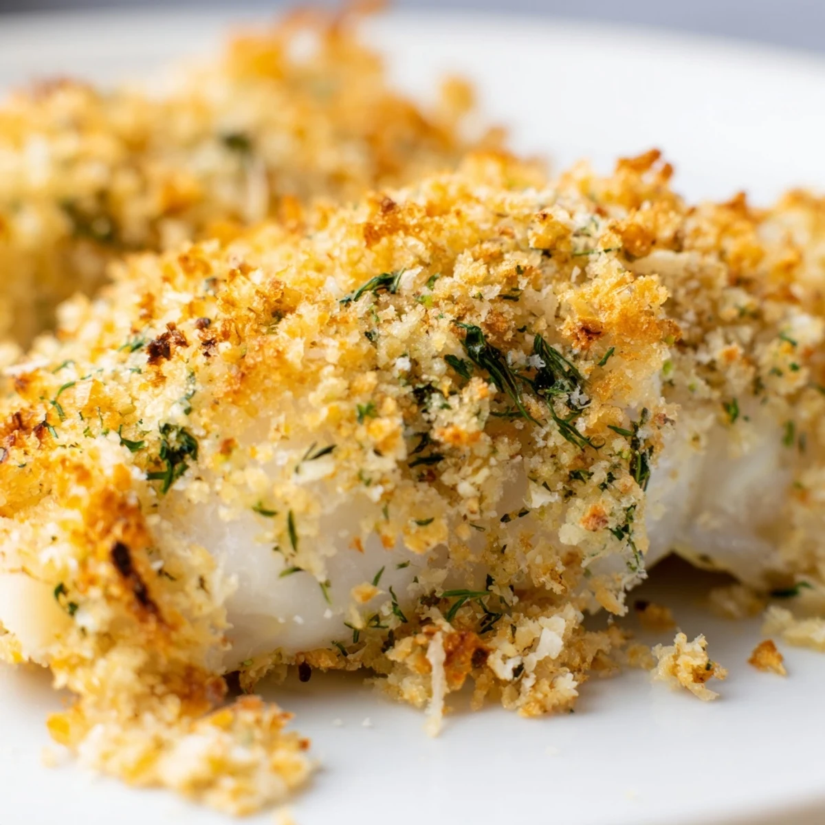 Tender flaky baked cod with lemon herb panko crumb topping, paired with steamed vegetables for a healthy meal.
