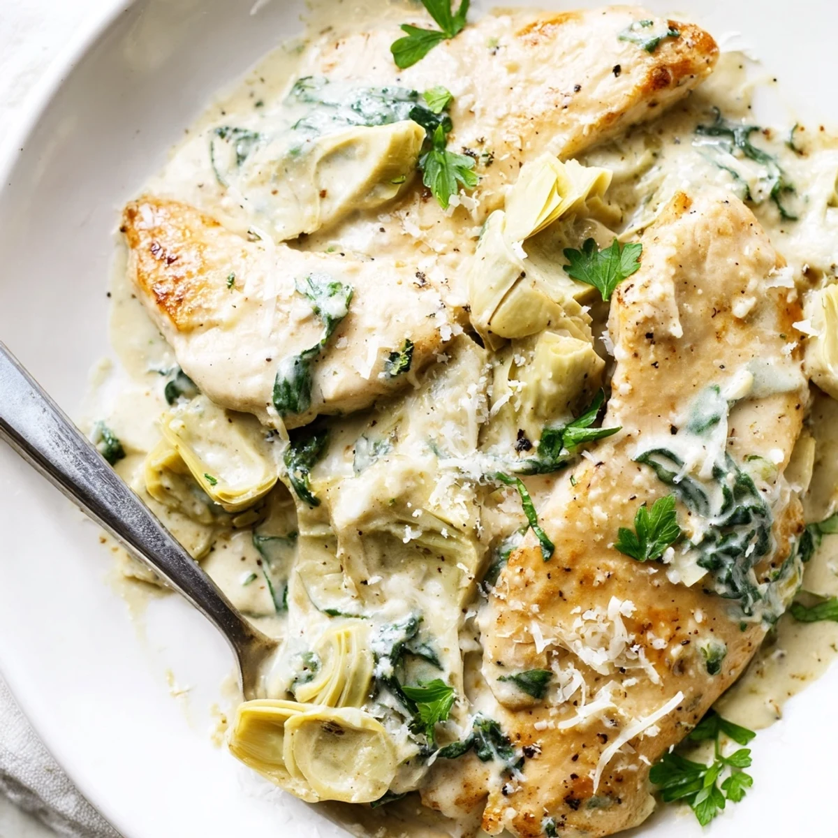 Bright green spinach and tender artichoke hearts simmer in a rich, cheesy sauce around perfectly cooked chicken.