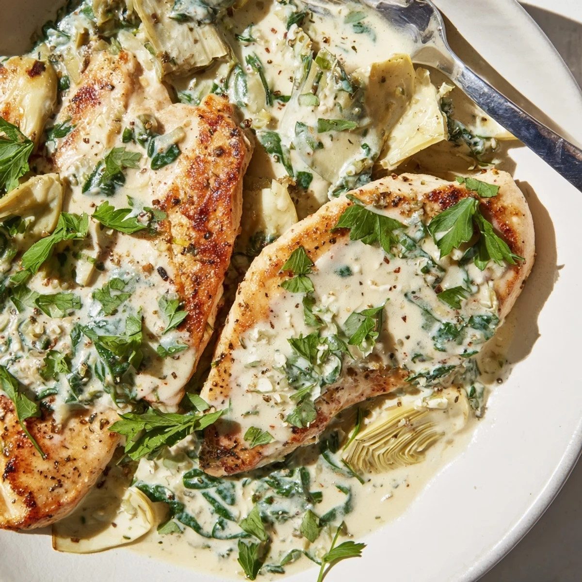 Serve this creamy spinach and artichoke chicken skillet hot over mashed potatoes for a comforting weeknight dinner.