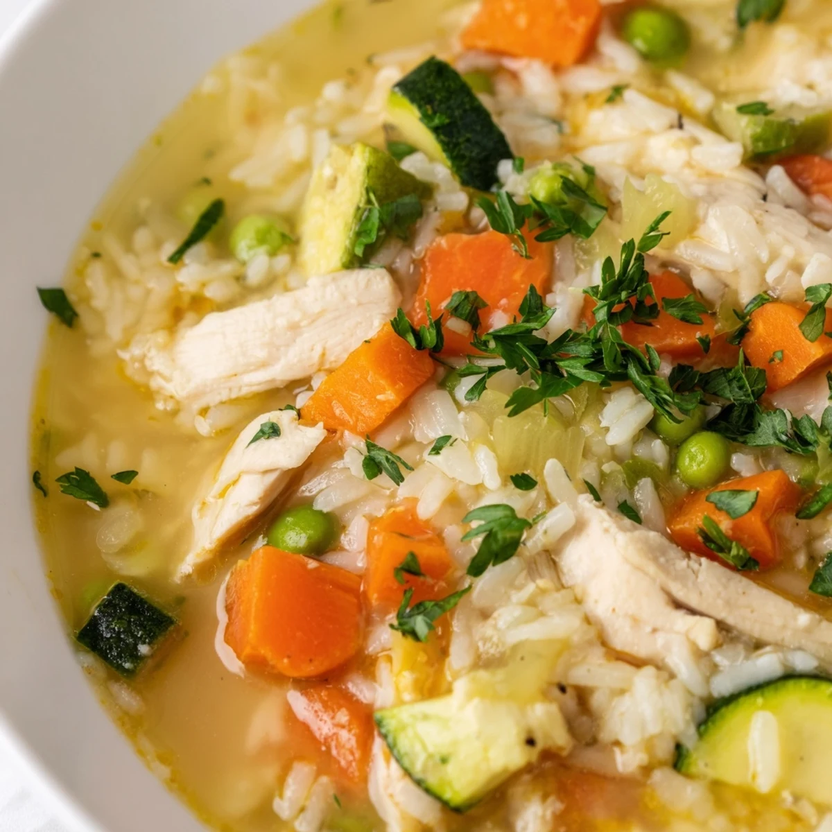 A bowl of steaming Chicken Vegetable Soup with Rice, featuring tender chicken, diced carrots, celery, and green peas in a golden broth.