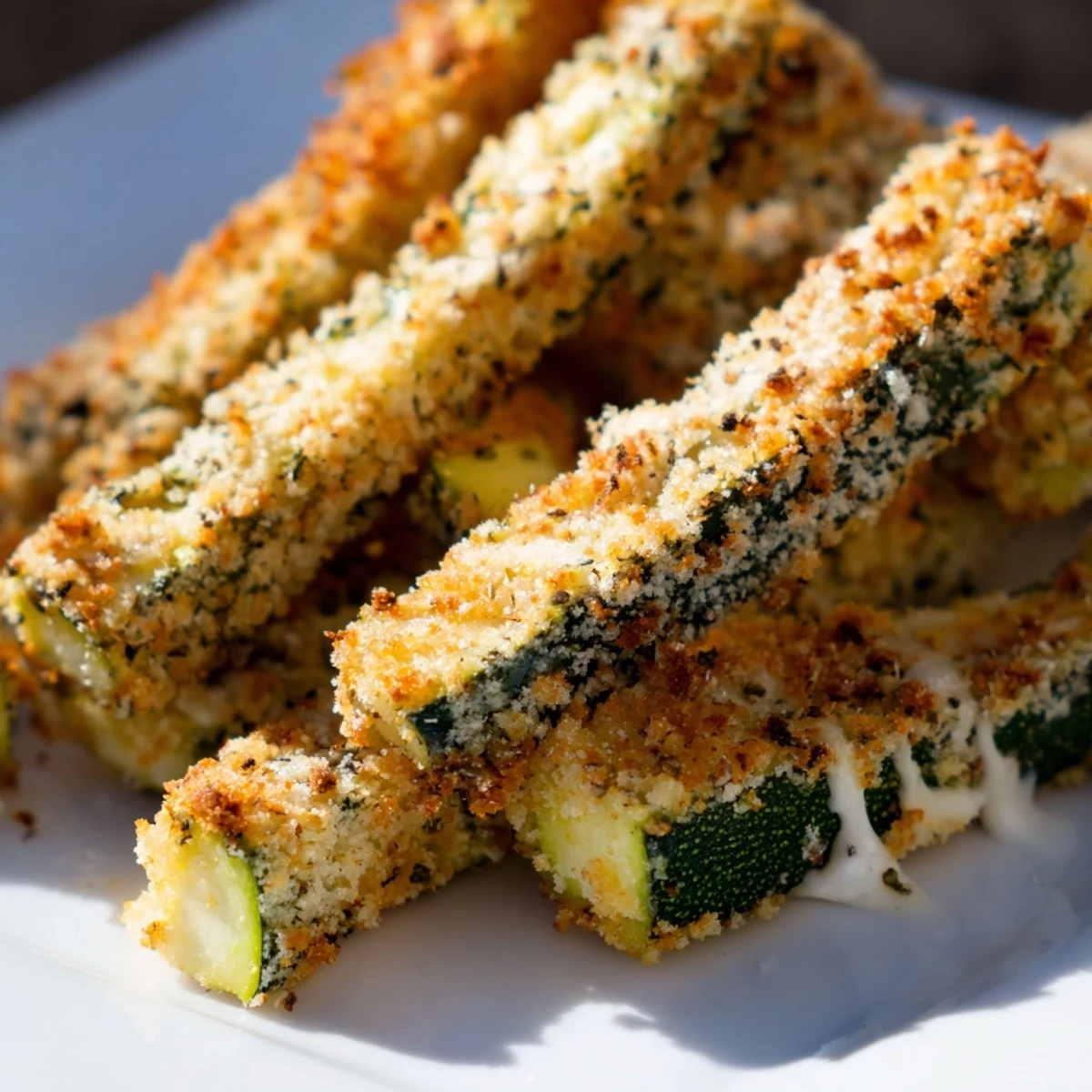 Savory Crispy Zucchini Fries with Parmesan rest on a rustic platter, their crunchy breadcrumbs coating glistening under warm kitchen lighting.