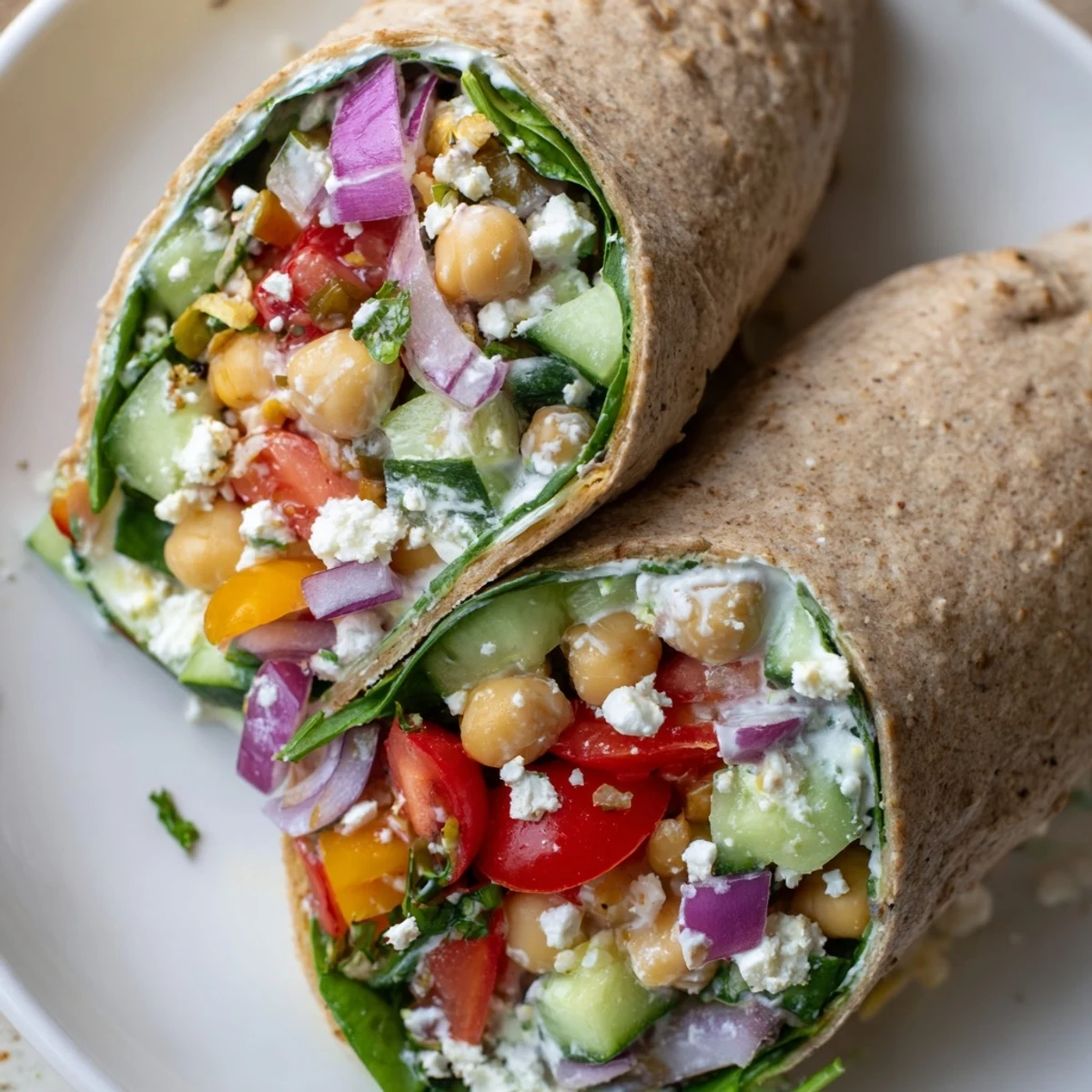 A vibrant Mediterranean Wrap with Feta is drizzled with creamy yogurt dressing, served with lemon wedges for a zesty light lunch.