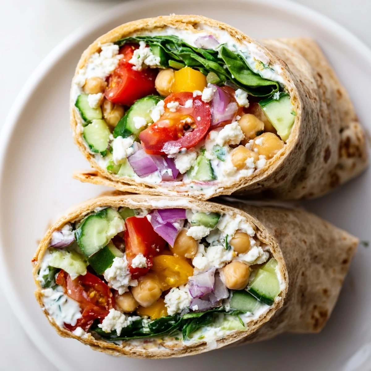 A Mediterranean Wrap with Feta is sliced in half, revealing fresh diced veggies, creamy feta, and vibrant greens on a wooden board.