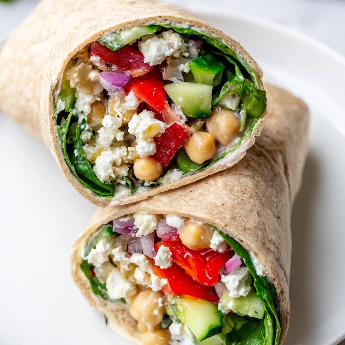 Freshly rolled Mediterranean Wrap with Feta is ready to eat, packed with crisp cucumber, tomatoes, and chickpeas for a healthy vegetarian meal.
