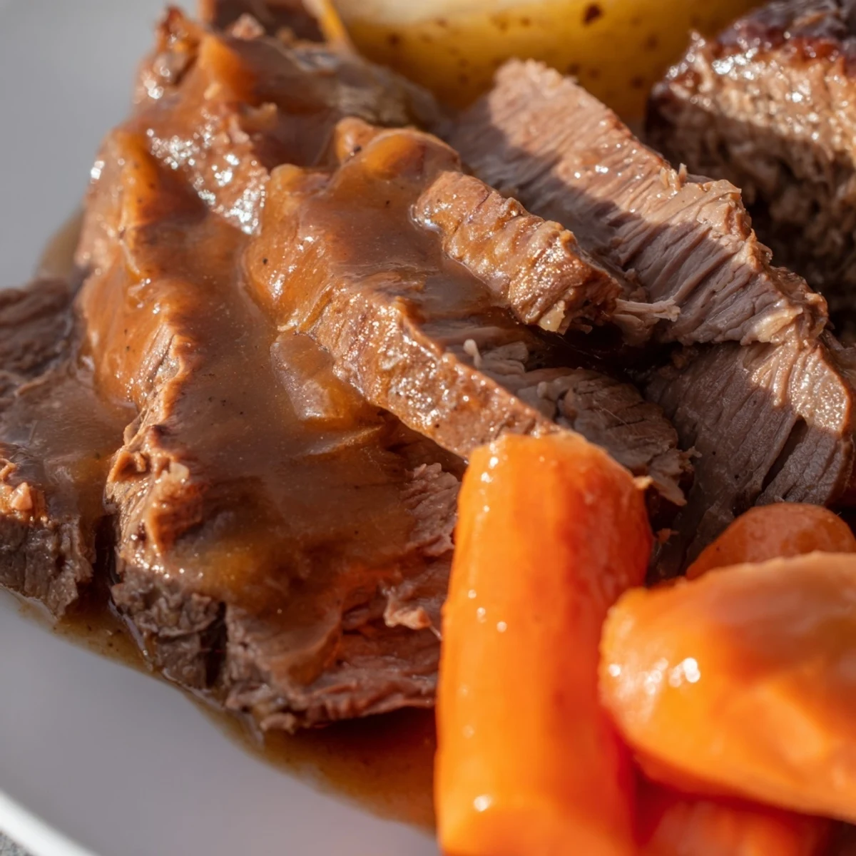 Slow Cooker Pot Roast with Gravy steams in a slow cooker surrounded by vegetables. 