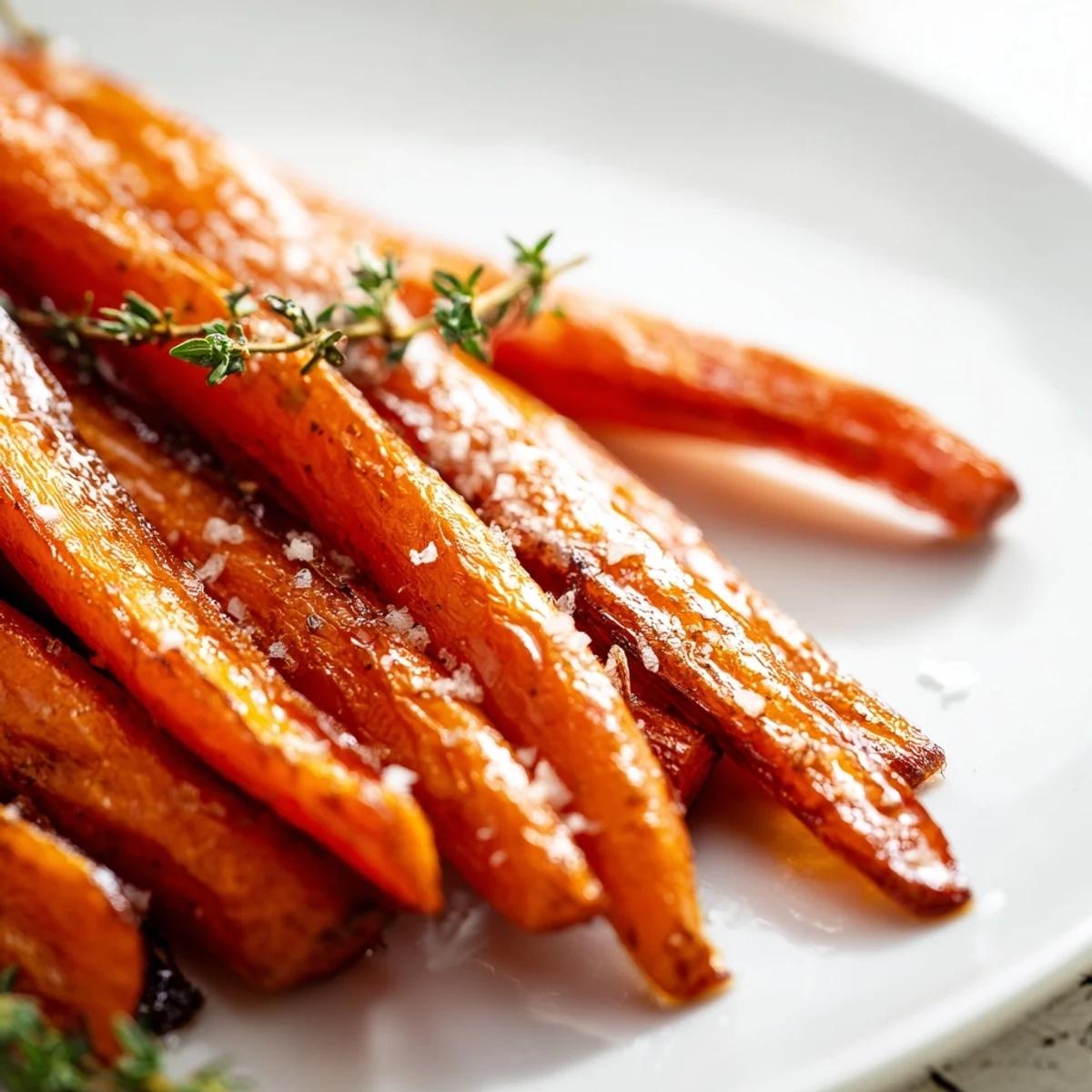 Golden Roasted Carrots with Maple Glaze shine on a baking sheet, glistening with sweet syrup and fresh thyme garnish.