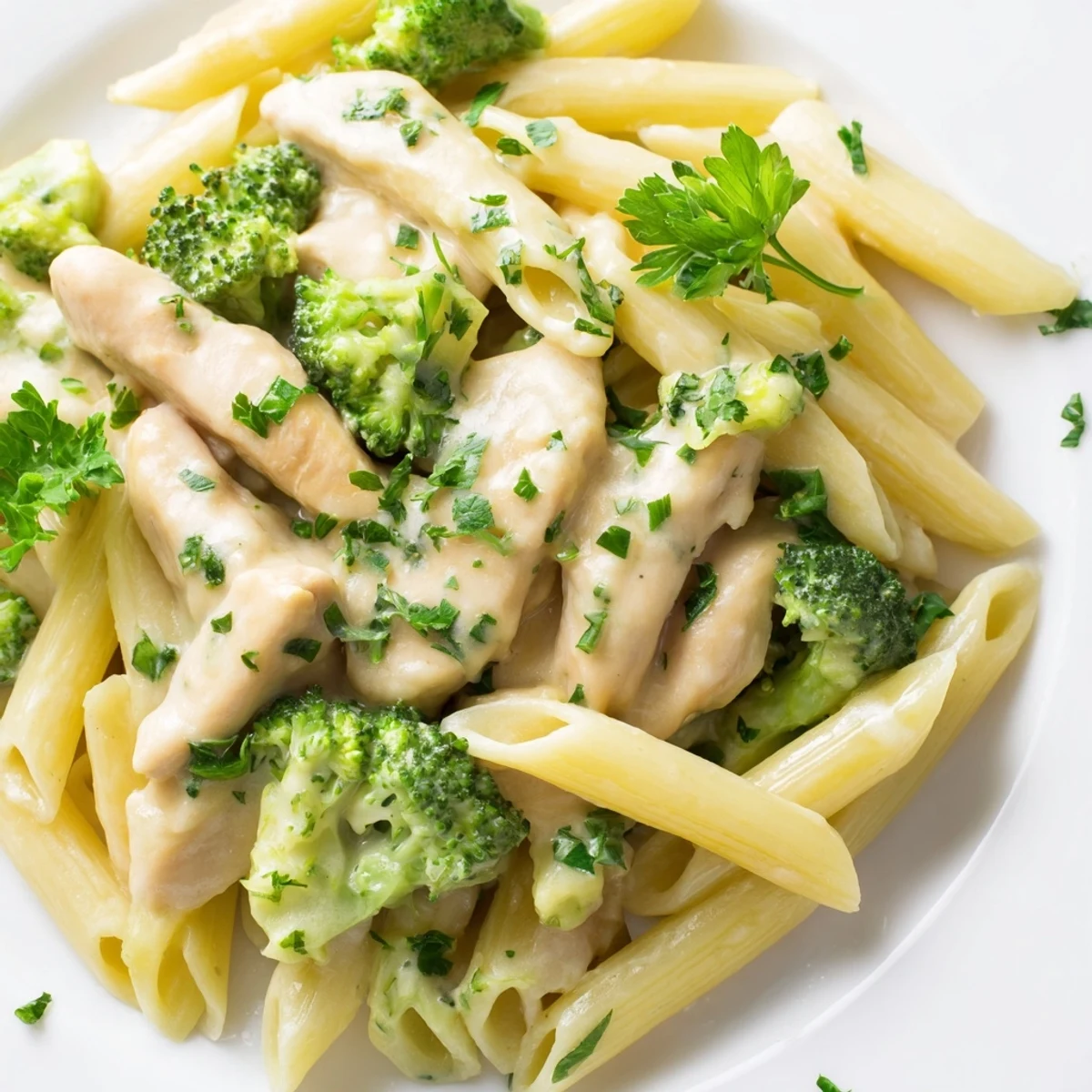 Golden, sliced chicken and bright green broccoli florets tossed in a rich, creamy Parmesan sauce with penne pasta.