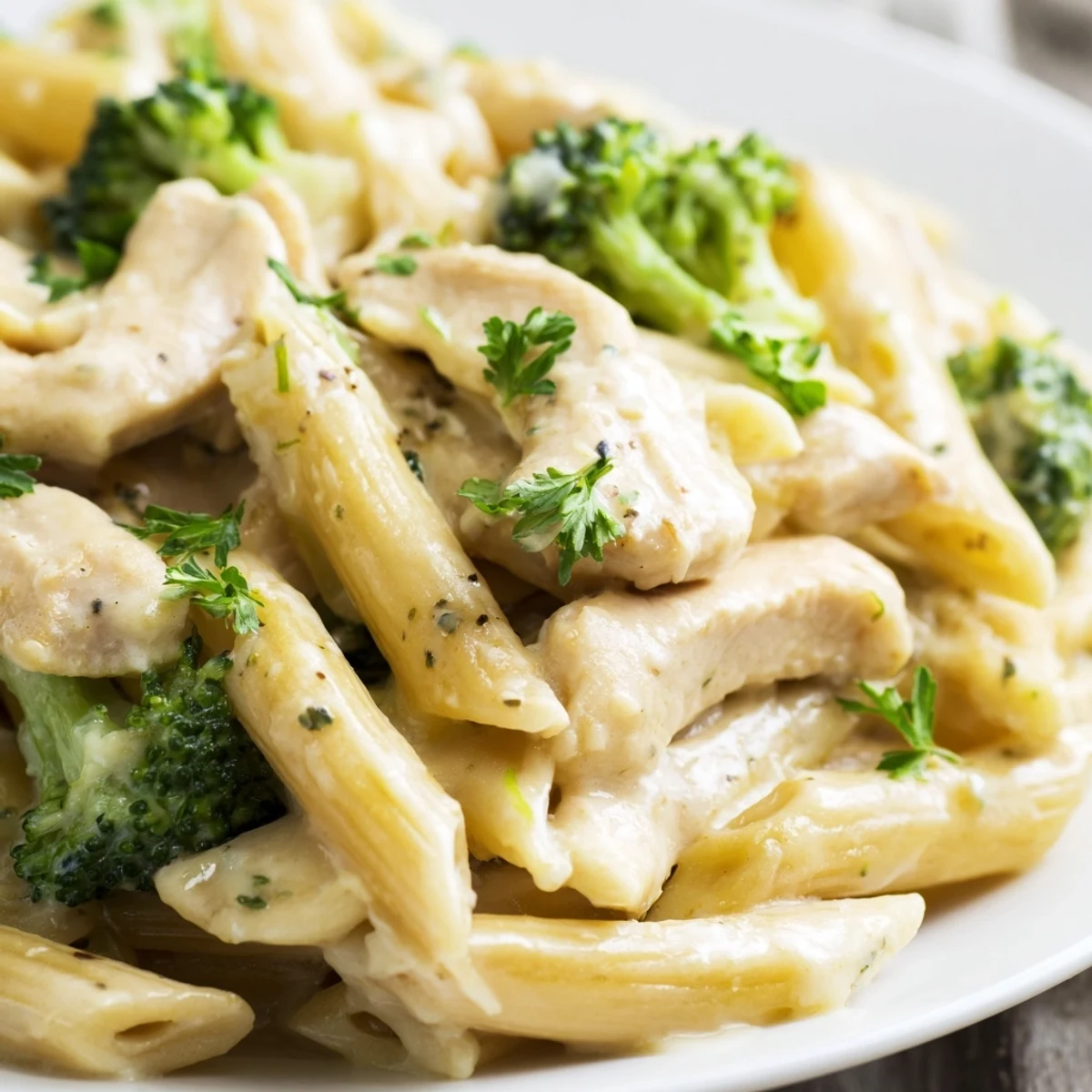 Steaming plate of Creamy Broccoli Pasta with Chicken, topped with fresh parsley and extra grated Parmesan for a weeknight meal.