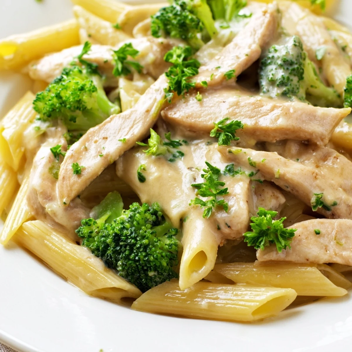 A close-up of tender chicken and al dente pasta coated in velvety garlic cream sauce, served alongside sautéed broccoli.