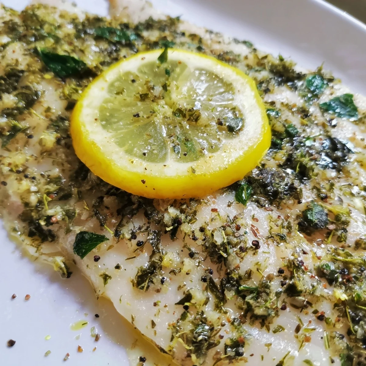 Golden-brown baked tilapia fillets topped with fresh herbs and lemon slices on a baking dish.