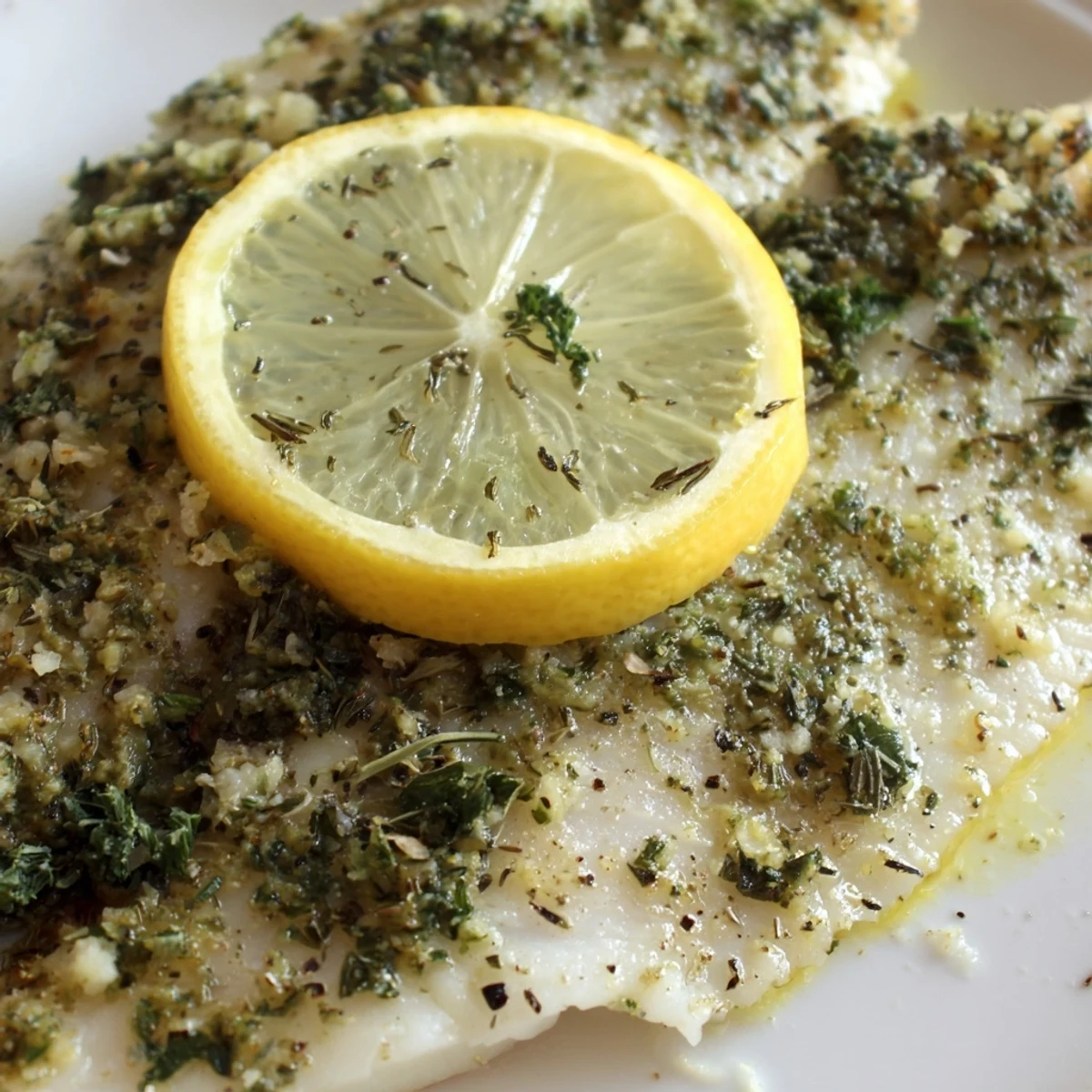 Fork-tender baked tilapia fillets with a vibrant green herb garnish on a rustic ceramic plate.
