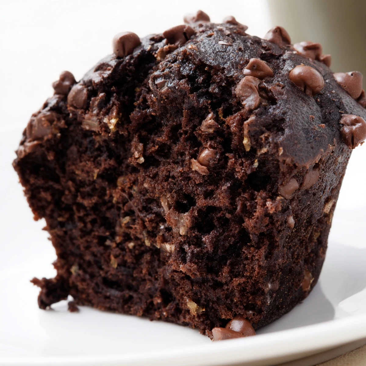 Freshly baked Chocolate Banana Muffins with chips on a cooling rack, showcasing moist crumbs and melty chocolate pools.