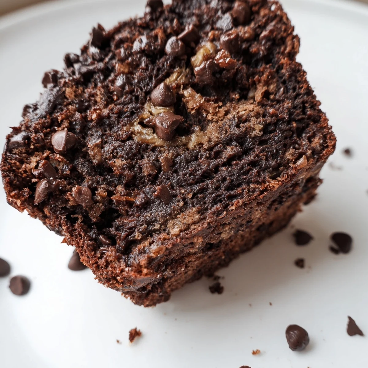 A platter of Chocolate Banana Muffins with chips, topped with extra chocolate, perfect for breakfast or dessert.
