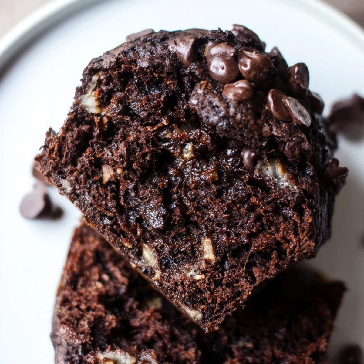 Warm Chocolate Banana Muffins with chips, featuring golden edges and ripe banana flecks, ready for a sweet snack.