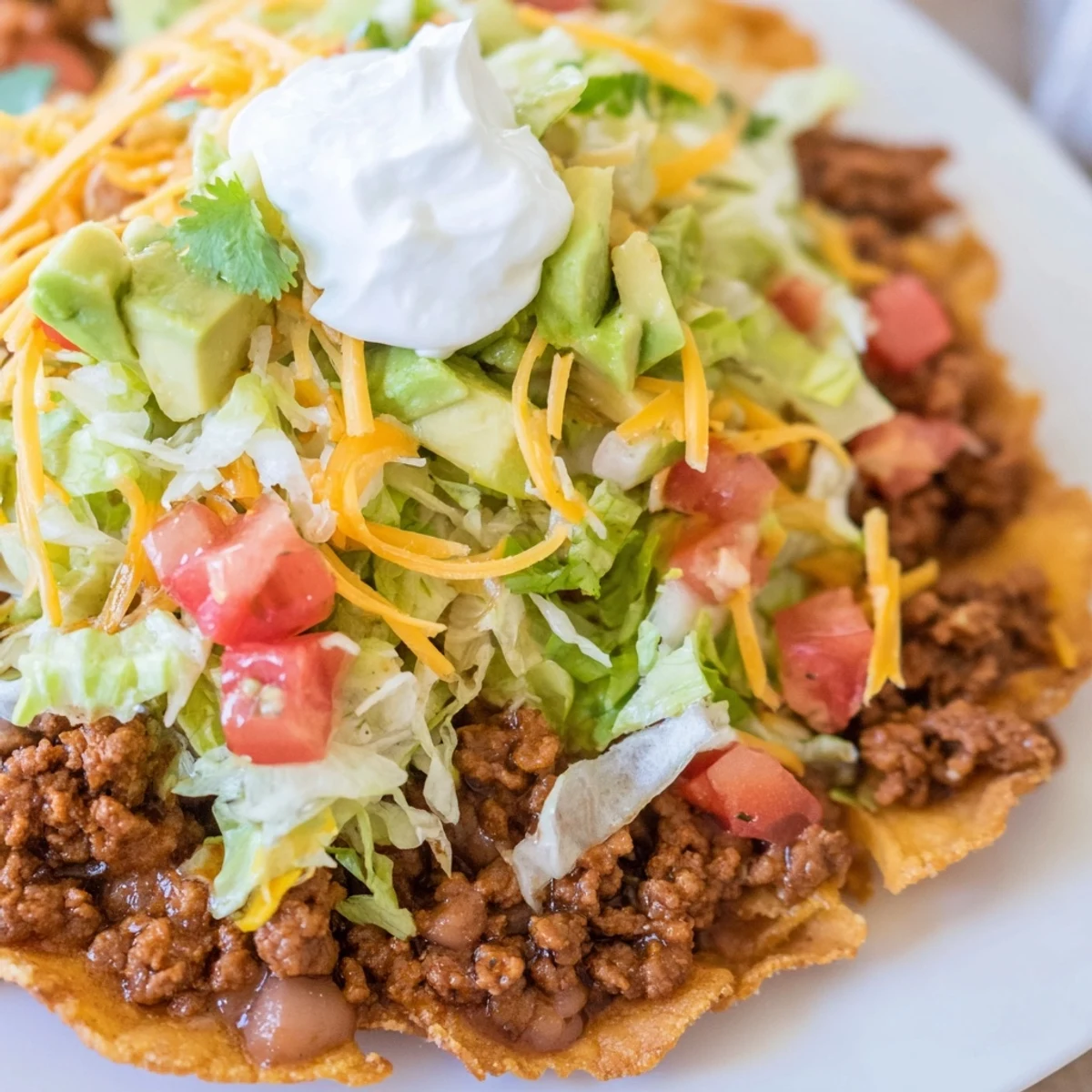 Hearty Beef Tostadas with fresh lettuce, diced tomatoes, and shredded cheese for a quick meal. 