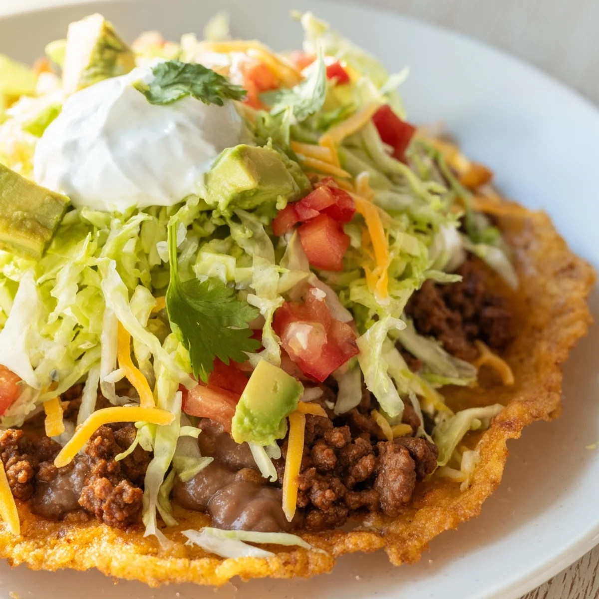 Golden, crispy corn tostadas layered with creamy refried beans and savory spiced ground beef. 