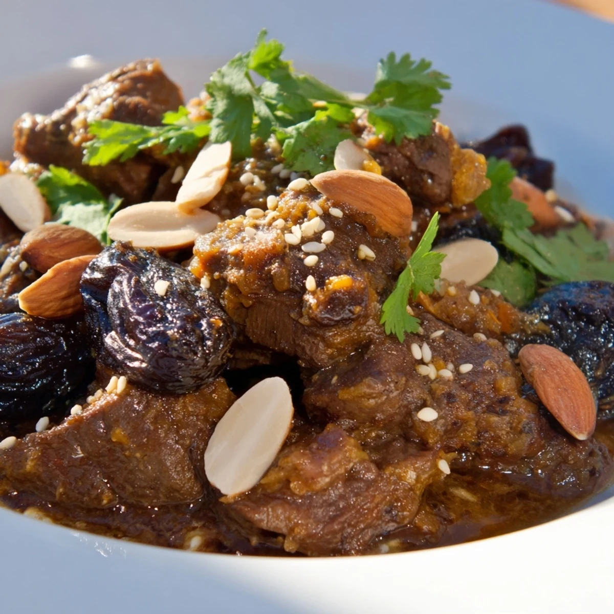 Steaming Slow Cooked Lamb Tagine with Prunes features tender lamb and soft prunes in a fragrant, spiced stew.