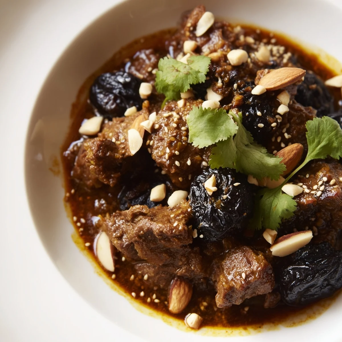 A rich, saucy Slow Cooked Lamb Tagine with prunes in a rustic pot, ready to serve with warm bread.